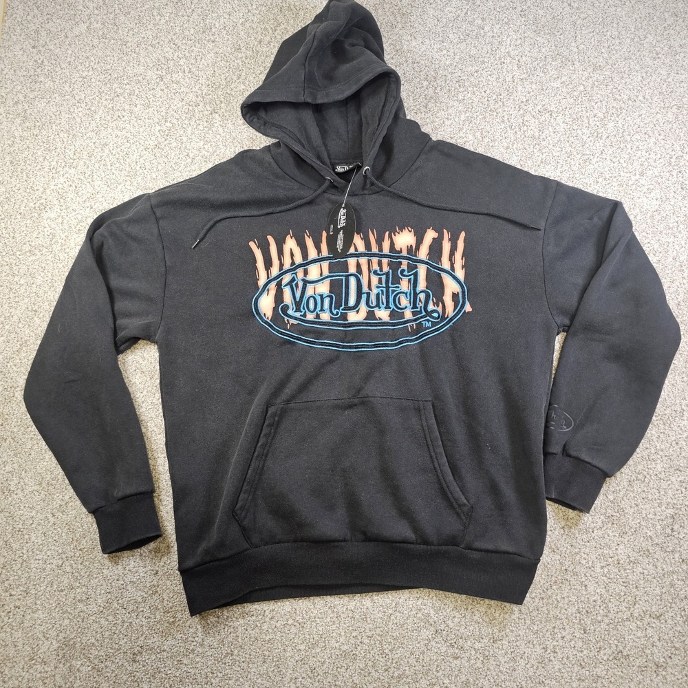 NWT Von Dutch Moto Flame Hoodie Dark Gray Graphic Logo Pullover Sz Med A6 - Picture 1 of 11